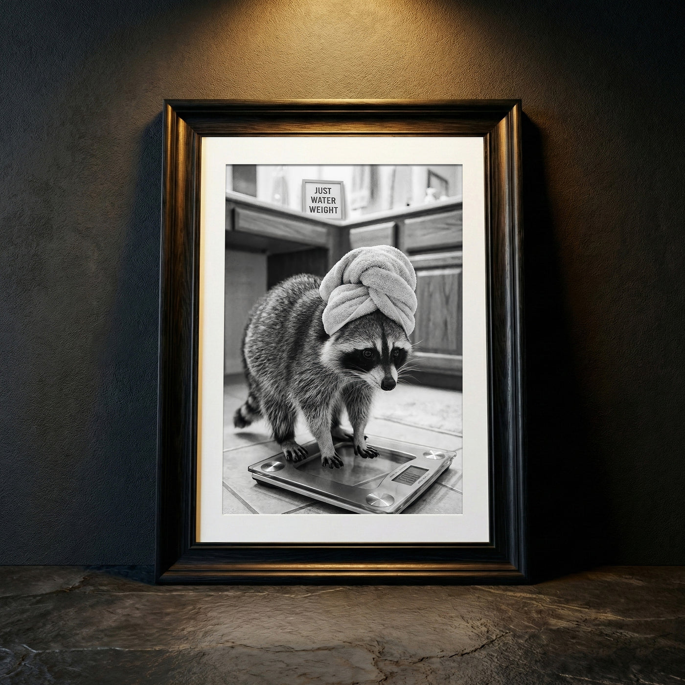 A crisp black and white photograph of a raccoon standing on a glass bathroom scale wearing a towel turban next to a sign that says JUST WATER WEIGHT, created by Artazyn.