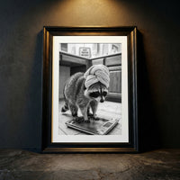 A crisp black and white photograph of a raccoon standing on a glass bathroom scale wearing a towel turban next to a sign that says JUST WATER WEIGHT, created by Artazyn.