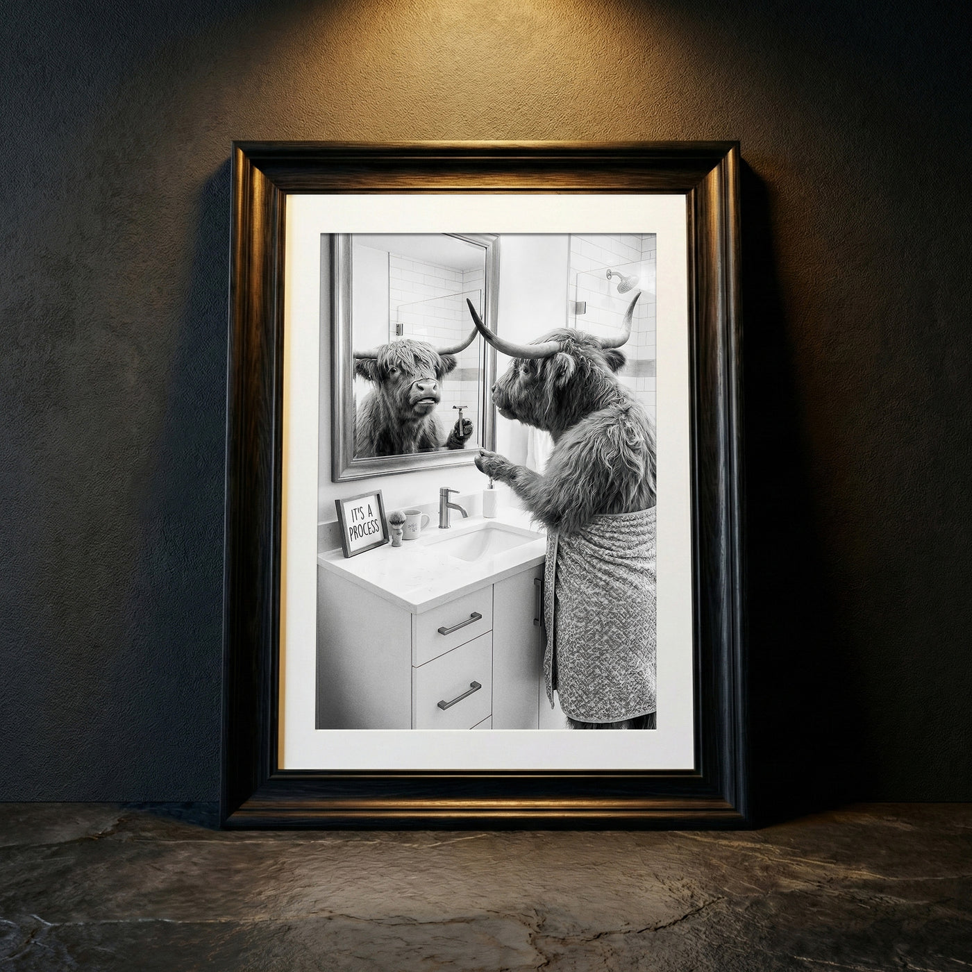A crisp black and white photograph of a Highland cow looking in a bathroom mirror and holding a razor, with a small sign that says IT'S A PROCESS, created by Artazyn.
