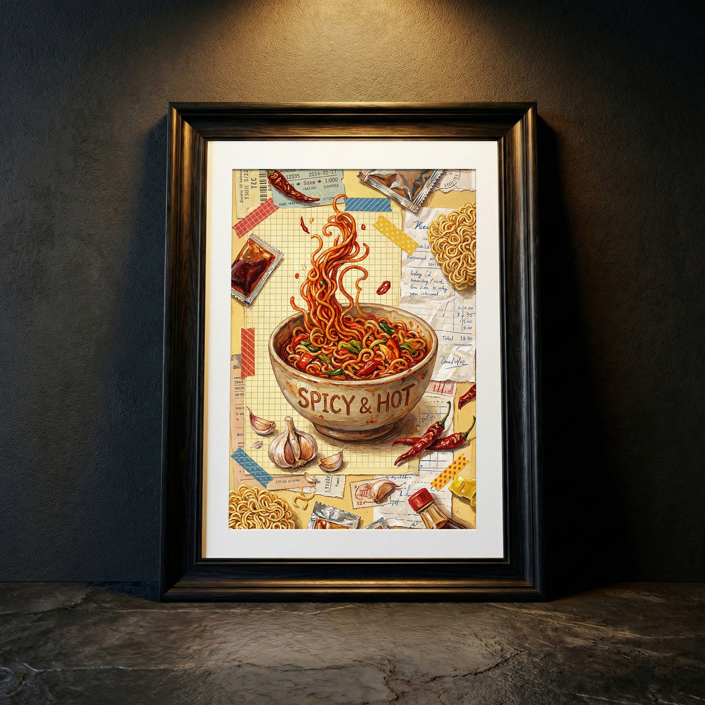Collage style art print of a bowl of spicy ramen noodles labeled "SPICY & HOT" with floating noodles, garlic, and chili peppers against a background of receipts and train tickets.