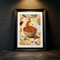 Collage style art print of a bowl of spicy ramen noodles labeled "SPICY & HOT" with floating noodles, garlic, and chili peppers against a background of receipts and train tickets.