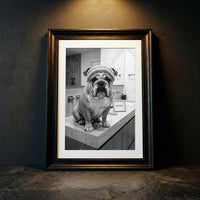 A crisp black and white photograph of a bulldog sitting on a marble bathroom counter wearing a spa headband and face cream next to a sign that says AGELESS, created by Artazyn.