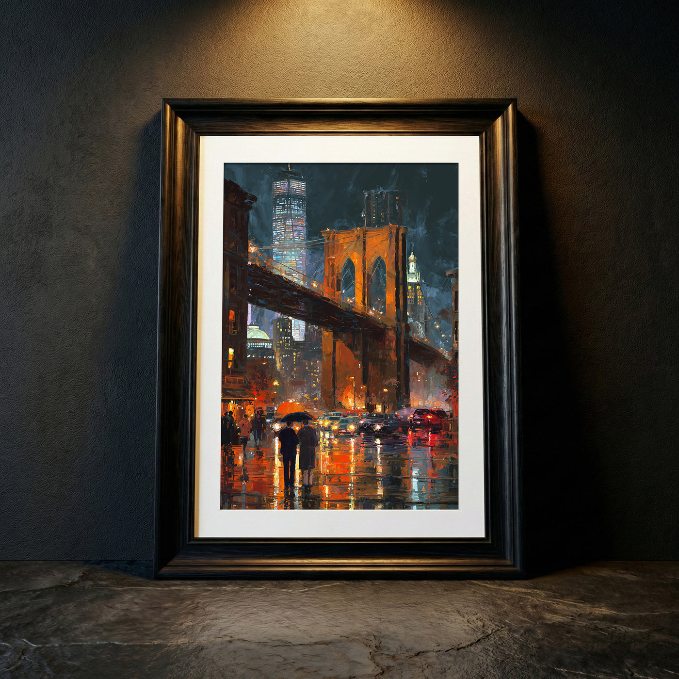 Thick impasto style oil painting of the Brooklyn Bridge illuminated at night during a rainstorm, with glowing orange lights reflecting on the wet street and two figures holding an umbrella, created by Artazyn.