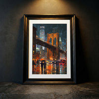 Thick impasto style oil painting of the Brooklyn Bridge illuminated at night during a rainstorm, with glowing orange lights reflecting on the wet street and two figures holding an umbrella, created by Artazyn.