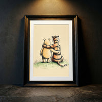 Vintage style pencil and watercolor sketch of a classic chubby bear and a striped tiger sitting together from behind with their arms around each other, looking out into the distance, created by Artazyn.
