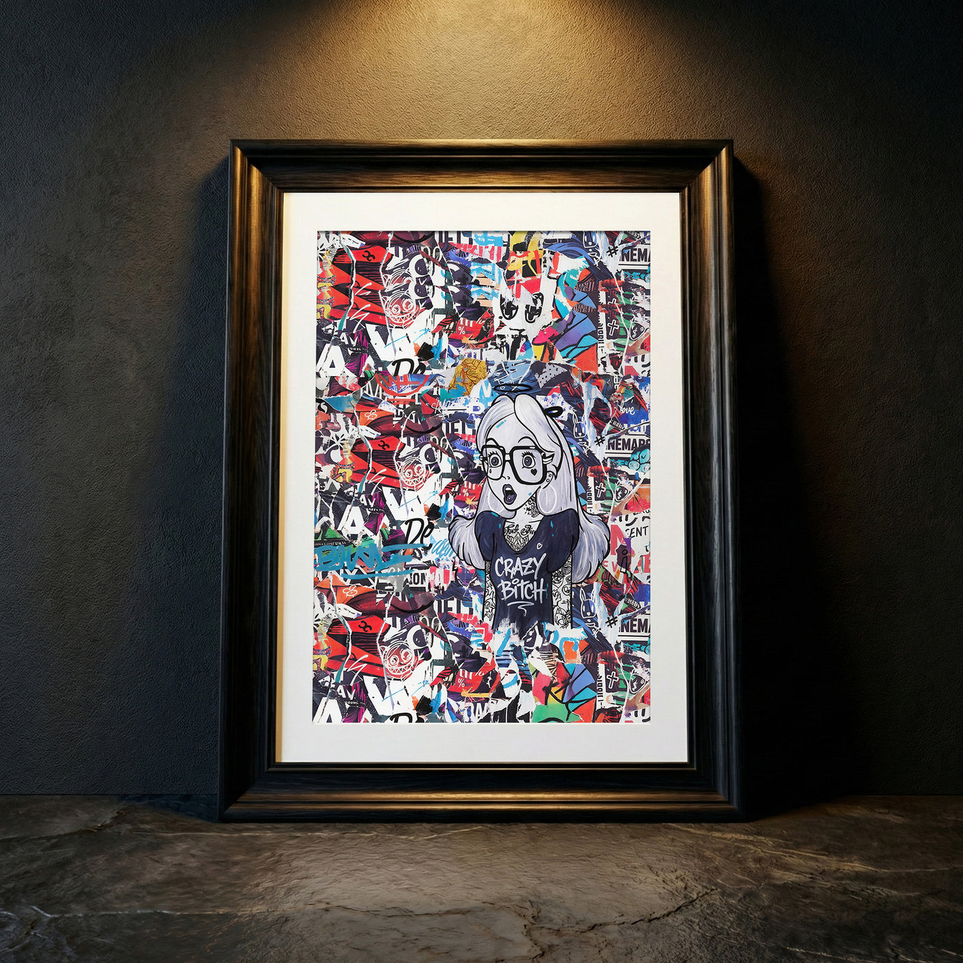 Edgy street art collage print featuring a tattooed Alice in Wonderland character wearing glasses and a t-shirt that says "Crazy Bitch" against a background of torn posters, created by Artazyn.