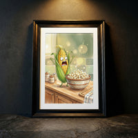 Cartoon illustration of a scared ear of corn screaming at a bowl of popcorn, funny kitchen wall art.