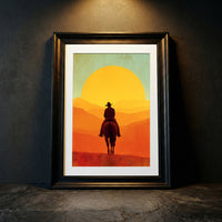 Retro vintage style illustration of a silhouette of a cowboy on horseback riding toward a massive bright orange and yellow setting sun over layered mountain ridges, created by Artazyn.