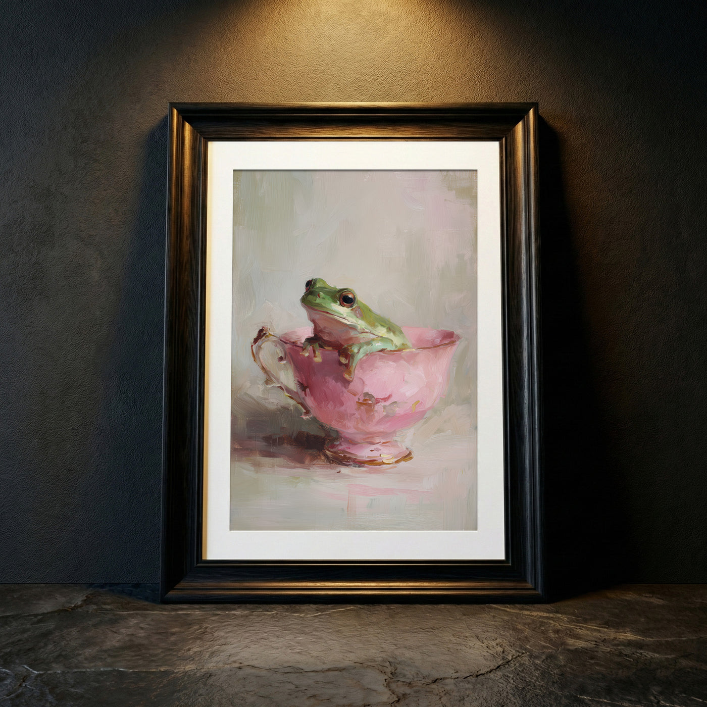 An impressionistic oil painting of a green tree frog sitting inside a vintage pink teacup with gold trim, featuring thick visible brushstrokes and a moody atmospheric background, created by Artazyn.