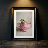 An impressionistic oil painting of a green tree frog sitting inside a vintage pink teacup with gold trim, featuring thick visible brushstrokes and a moody atmospheric background, created by Artazyn.