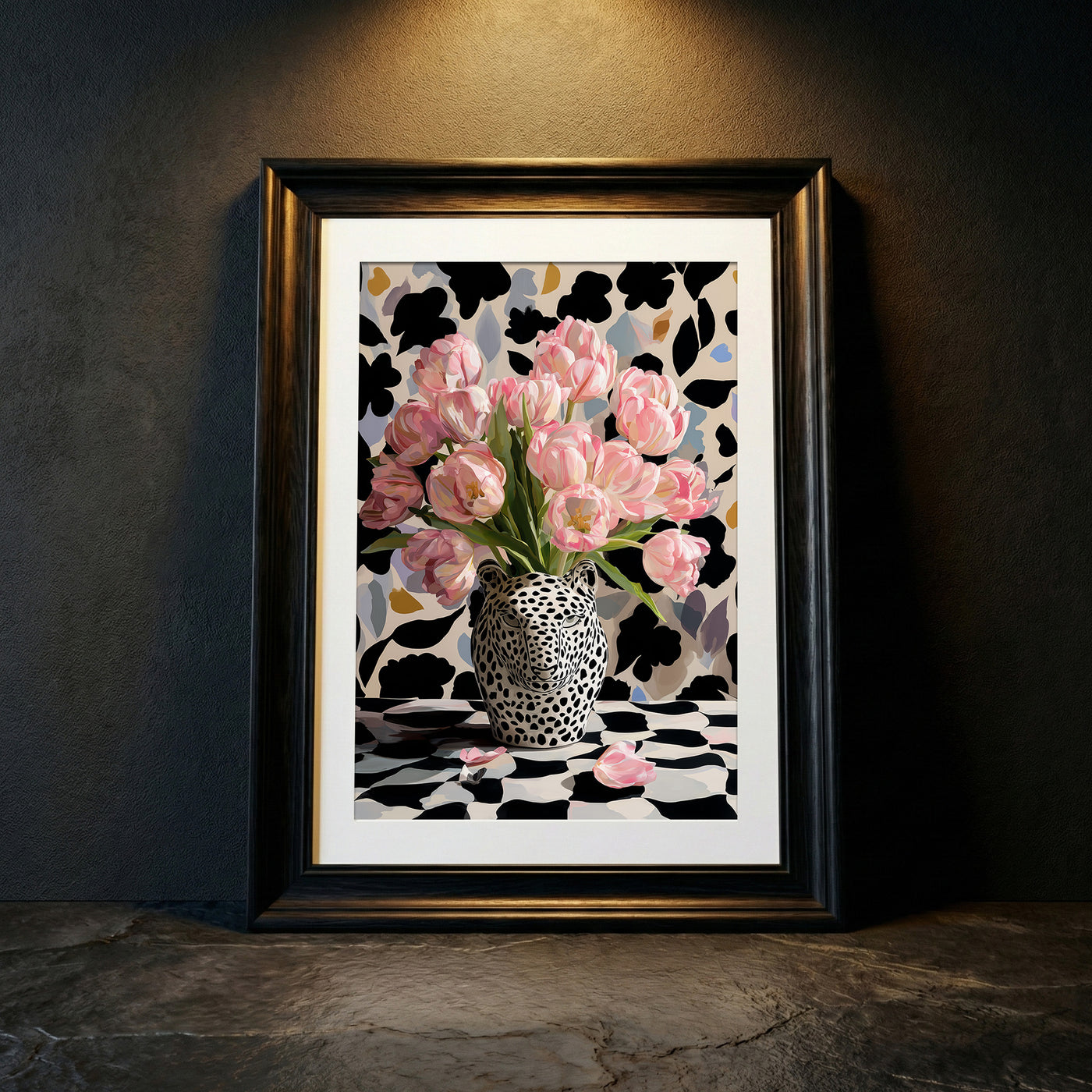 Bold maximalist art print featuring a black and white leopard head vase filled with pink tulips against a patterned background, created by Artazyn.