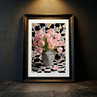 Bold maximalist art print featuring a black and white leopard head vase filled with pink tulips against a patterned background, created by Artazyn.