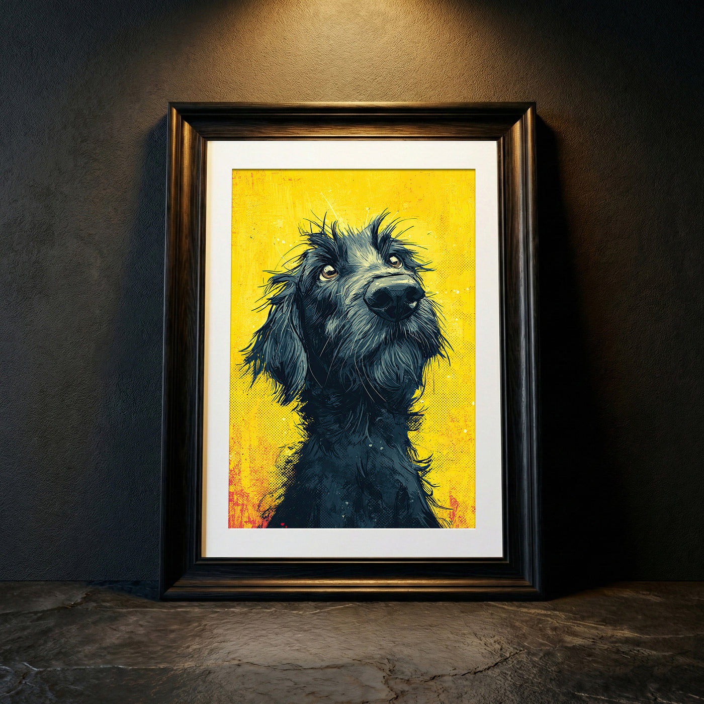 Vibrant pop art style print of a scruffy black dog looking up with soulful eyes against a distressed yellow background with halftone patterns.