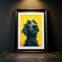 Vibrant pop art style print of a scruffy black dog looking up with soulful eyes against a distressed yellow background with halftone patterns.