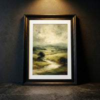 Textured oil painting style art print of rolling green hills and a winding river under a moody overcast sky, created by Artazyn.