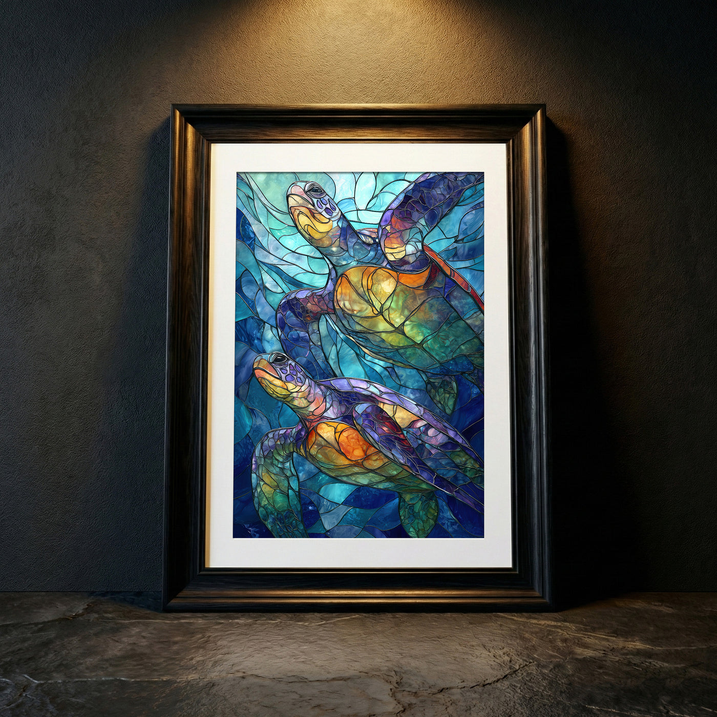 A vibrant stained-glass style art print featuring two sea turtles swimming upwards through mosaic-patterned deep blue water with glowing orange and purple shells, created by Artazyn.