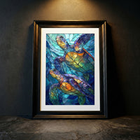 A vibrant stained-glass style art print featuring two sea turtles swimming upwards through mosaic-patterned deep blue water with glowing orange and purple shells, created by Artazyn.