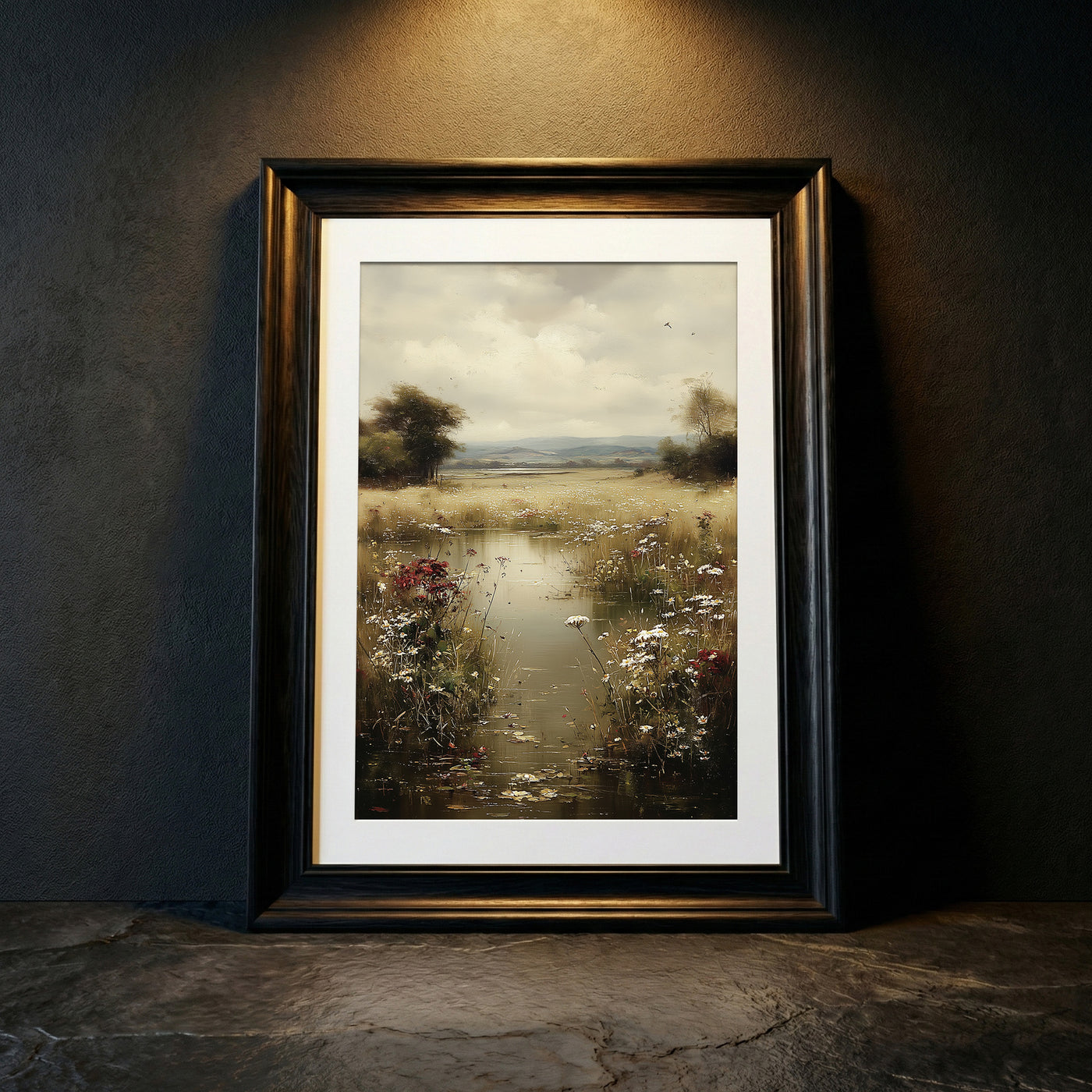 A moody impressionist oil painting of a marshy landscape filled with white daisies and dark red wildflowers under a heavy overcast sky, created by Artazyn.