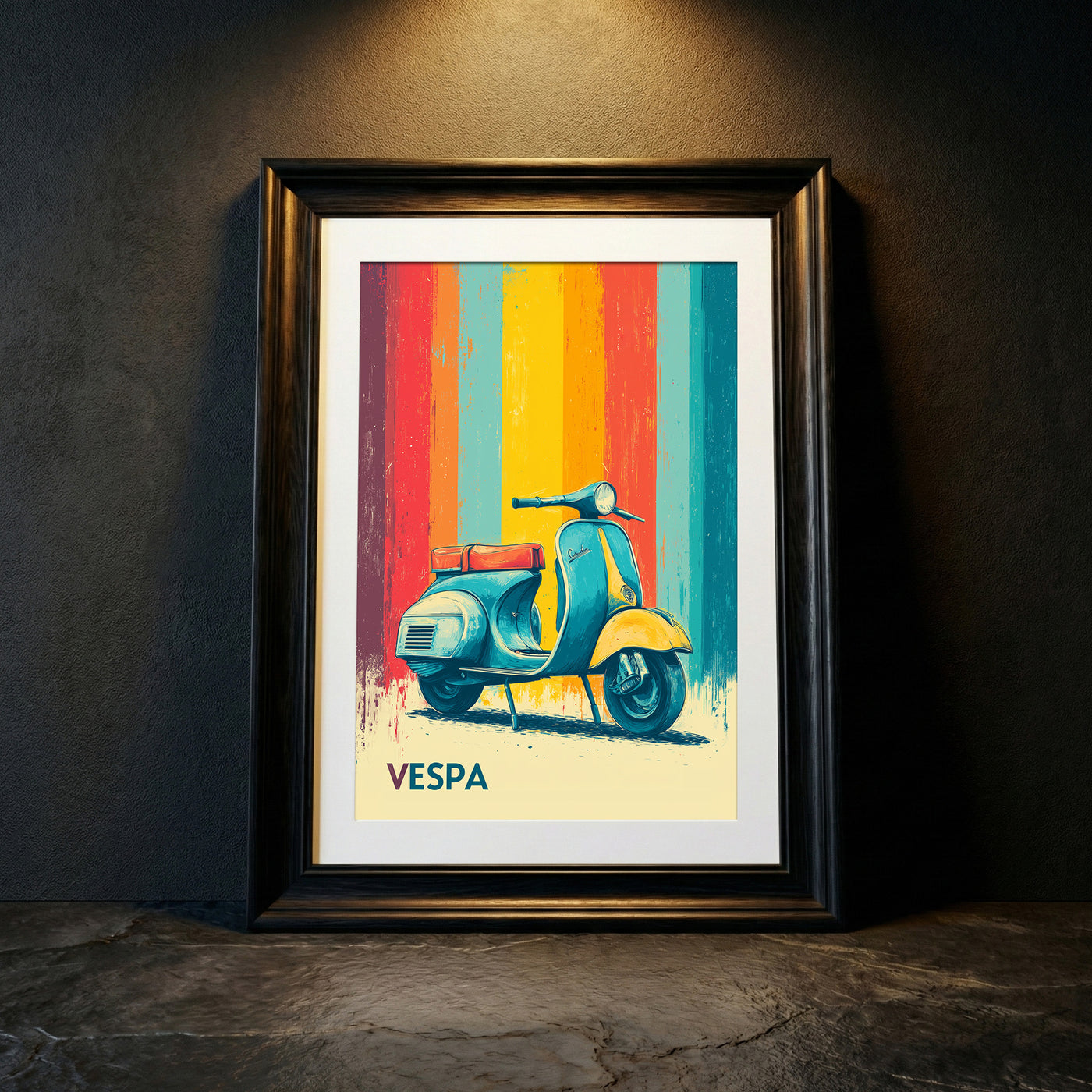 Distressed vintage-style poster illustration of a classic teal and yellow scooter parked in front of colorful retro vertical stripes in red, orange, and blue.