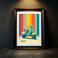 Distressed vintage-style poster illustration of a classic teal and yellow scooter parked in front of colorful retro vertical stripes in red, orange, and blue.