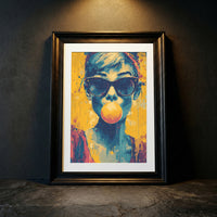 Vibrant pop art portrait of a person blowing a pink bubblegum bubble while wearing sunglasses, yellow and blue paint splatter style.