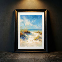 Impressionist style oil painting of a sandy path through beach dunes with sea grass leading to a bright blue ocean under a breezy, partly cloudy sky, created by Artazyn.