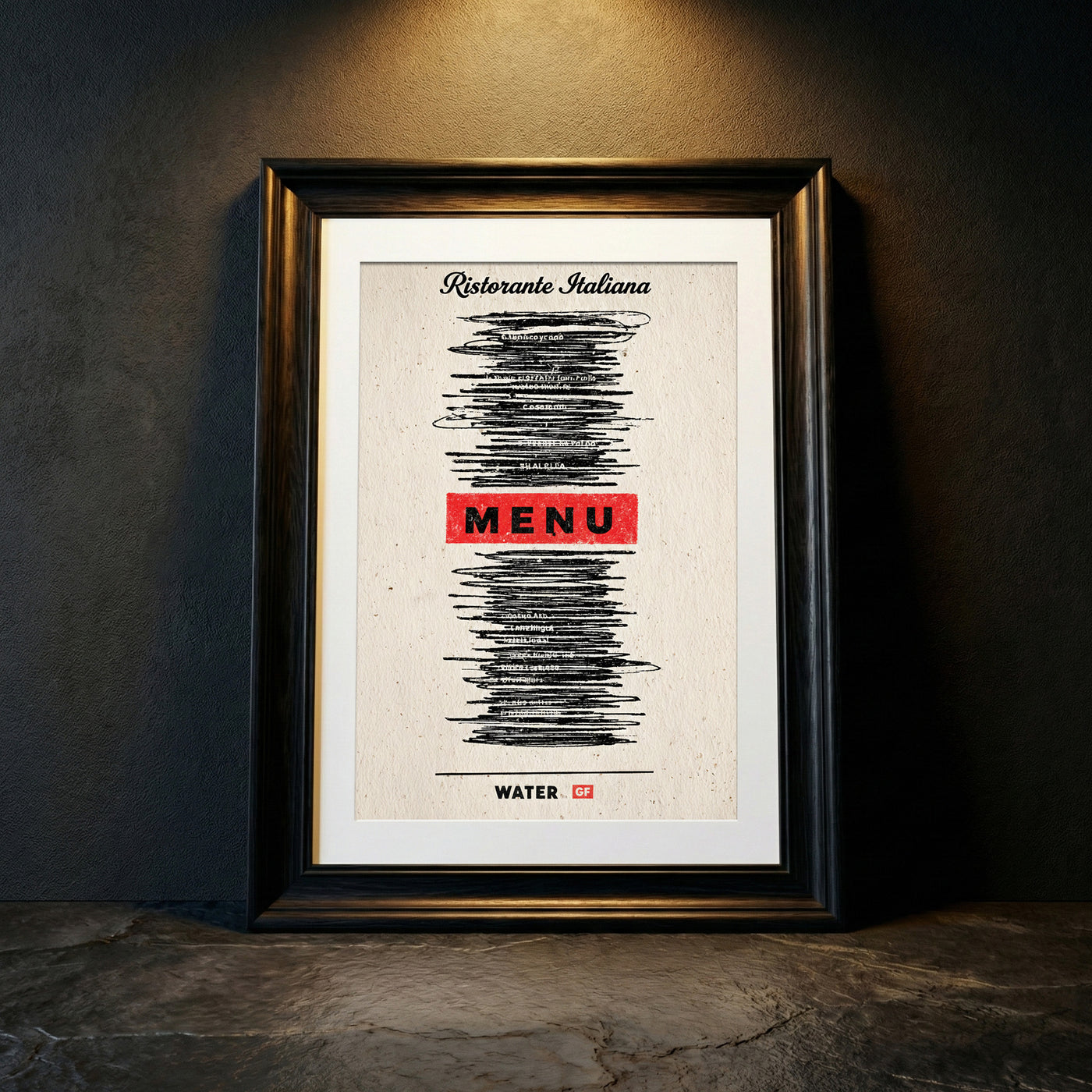 Minimalist humorous art print of an Italian restaurant menu with all items scribbled out in black marker except for "MENU" in red and "WATER GF" at the bottom, created by Artazyn.