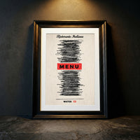 Minimalist humorous art print of an Italian restaurant menu with all items scribbled out in black marker except for "MENU" in red and "WATER GF" at the bottom, created by Artazyn.