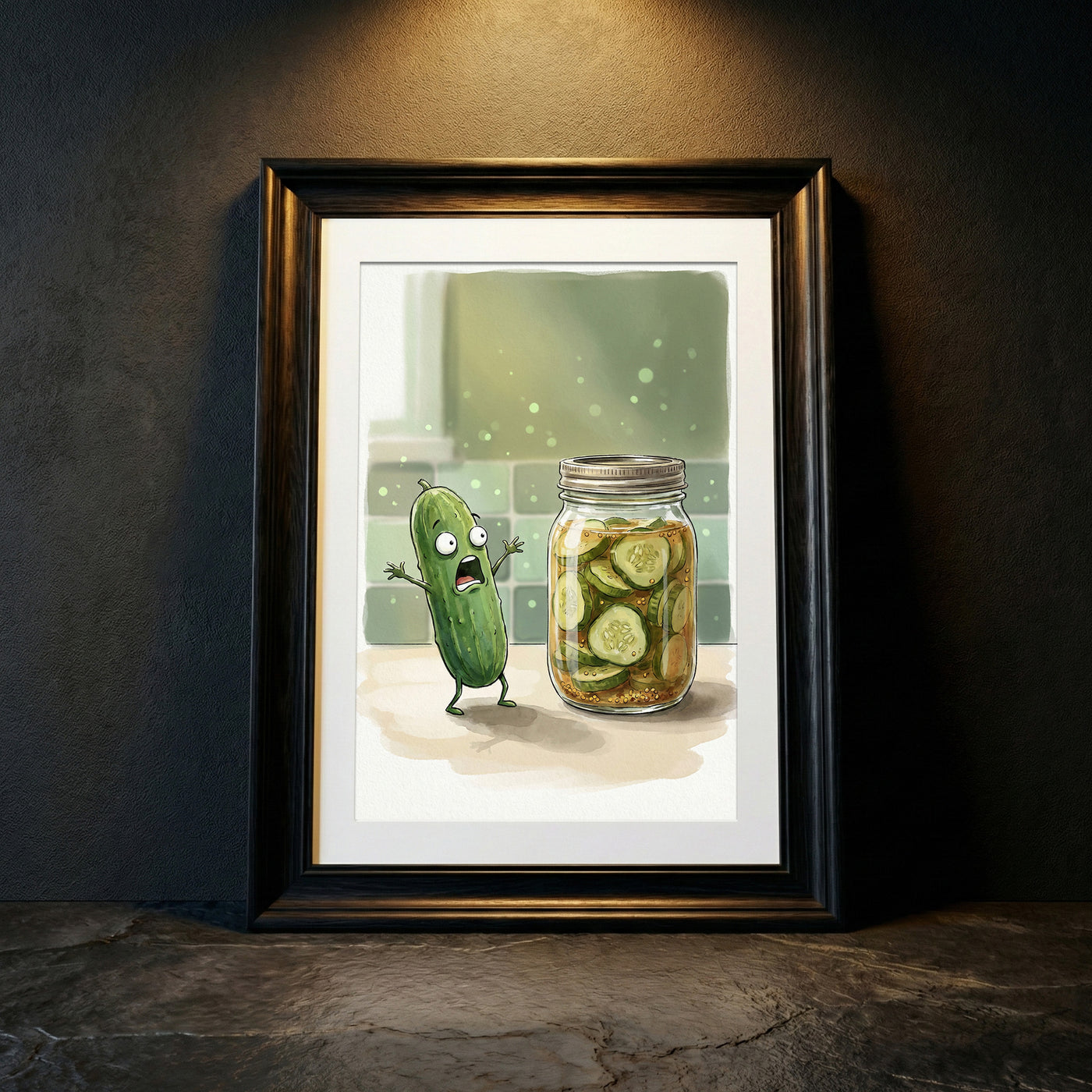 Cartoon illustration of a scared pickle screaming next to a jar of pickled cucumber slices, funny kitchen wall art.