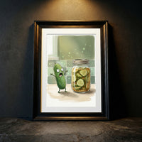 Cartoon illustration of a scared pickle screaming next to a jar of pickled cucumber slices, funny kitchen wall art.