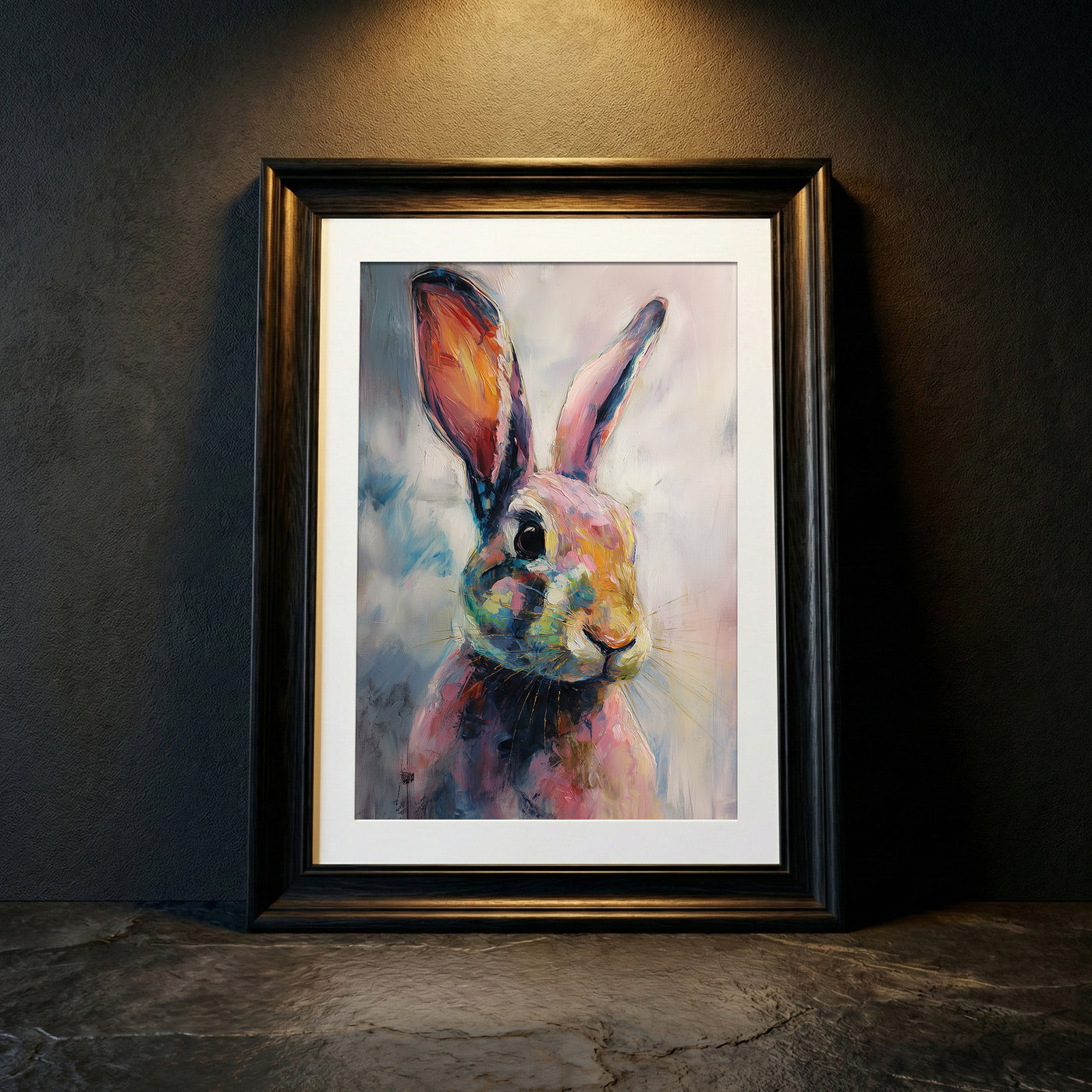 A vibrant, painterly oil painting of a bunny with expressive eyes and colorful fur in shades of pink, teal, and orange against a soft background, created by Artazyn.