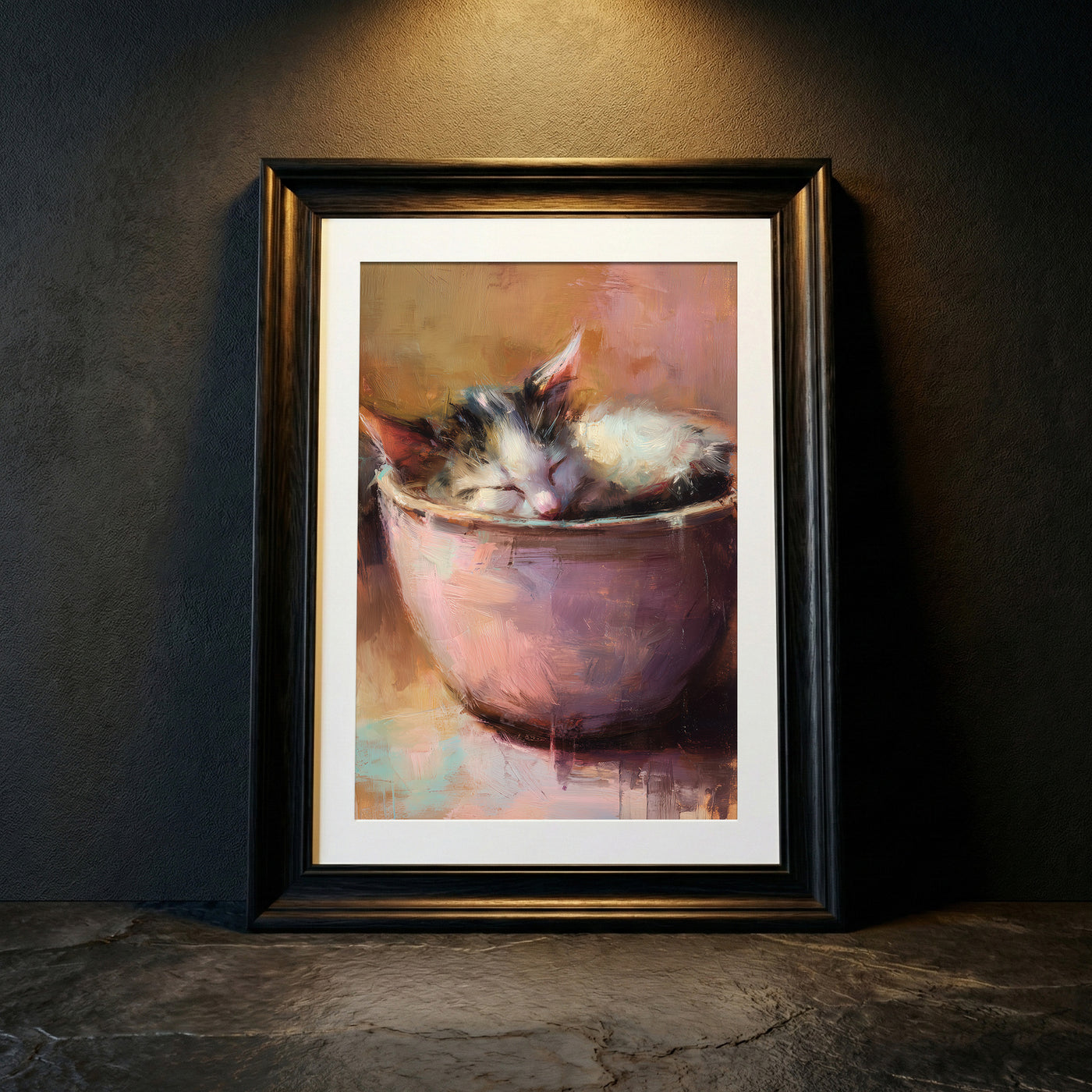 A warm-toned impressionist oil painting of a calico kitten sleeping soundly while curled up inside a pink ceramic bowl, featuring visible painterly brushstrokes and soft lighting, created by Artazyn.