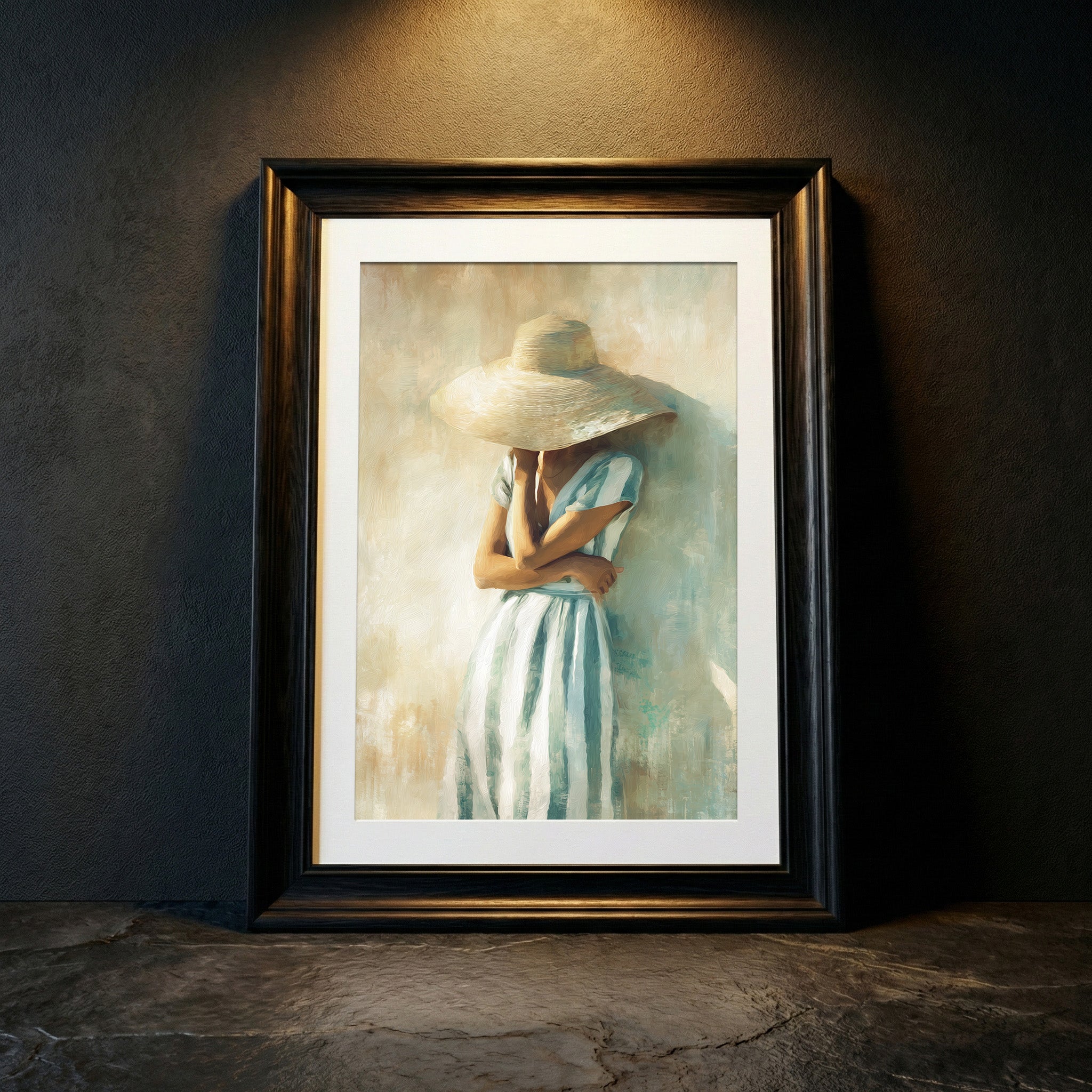A soft, impressionist oil painting of an elegant woman in a blue and white striped dress wearing a large sun hat that hides her face, created by Artazyn.