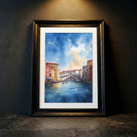 A soft impressionist watercolor painting of the Grand Canal in Venice featuring the Rialto Bridge, gondolas on the water, and a vibrant blue sky with soft clouds, created by Artazyn.