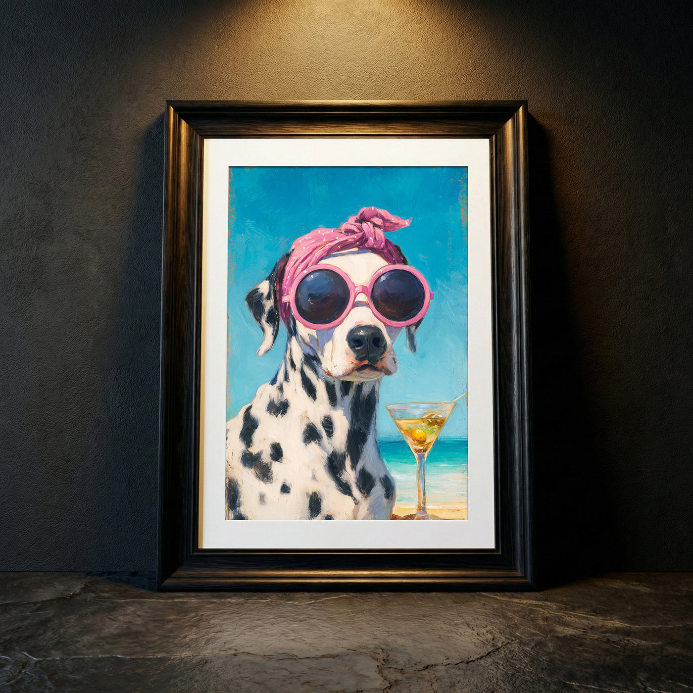 An impressionist oil painting of a Dalmatian dog wearing a pink polka-dot headscarf and oversized pink sunglasses sitting on a beach with a dirty martini, created by Artazyn.