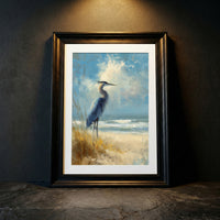 A high-detail palette knife painting of a Great Blue Heron standing on a sandy beach among sea oats under a blue sky with crashing waves, created by Artazyn.