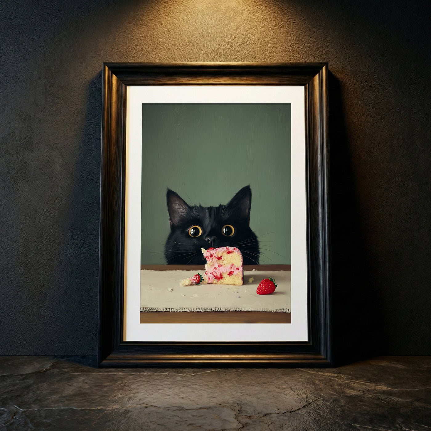 Oil painting style illustration of a fluffy black cat with large wide eyes peeking over a wooden table at a partially eaten slice of strawberry layer cake against a muted green background, created by Artazyn.