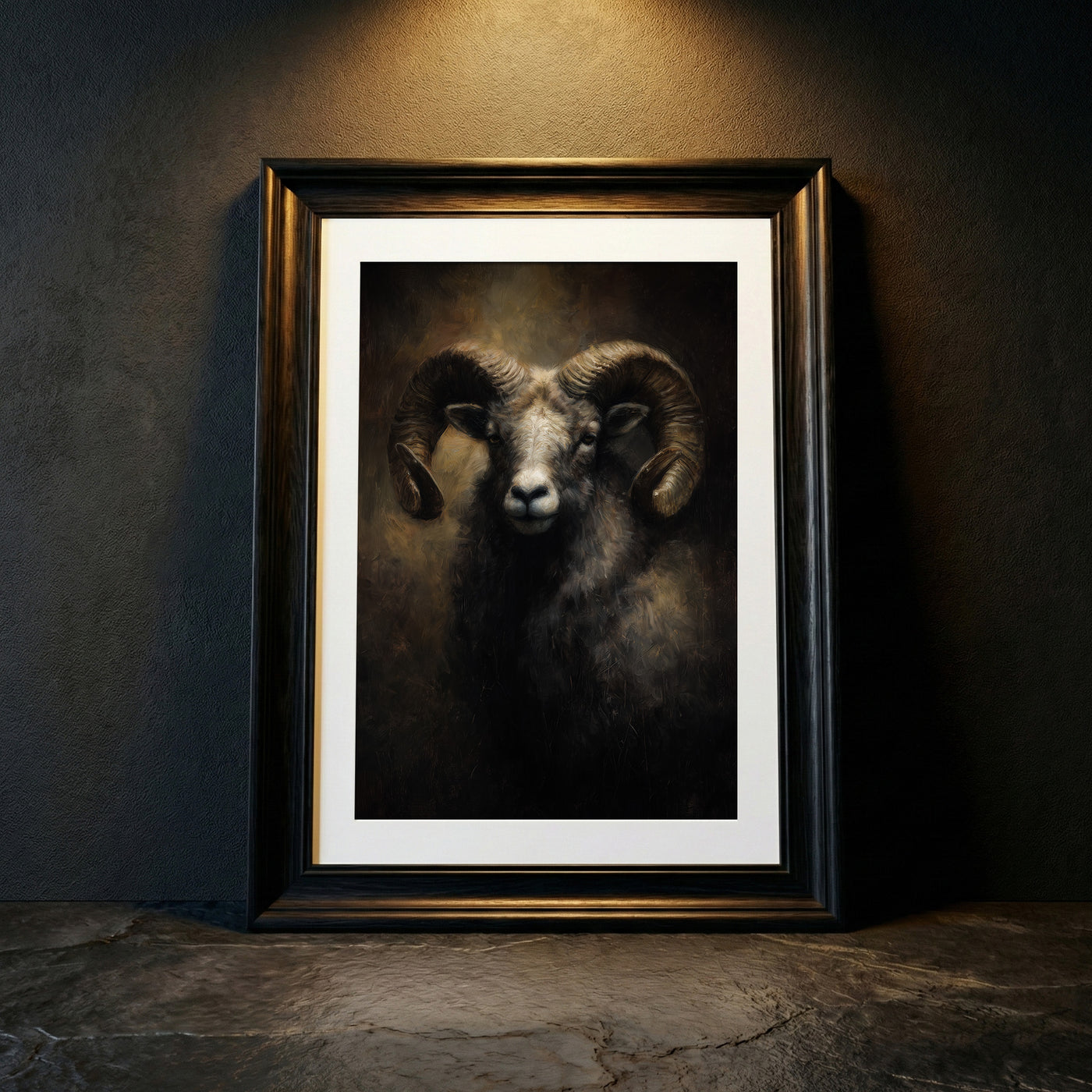 A moody oil painting of a ram with large, powerful curled horns and a calm yet stoic expression against a dark, atmospheric background, created by Artazyn.