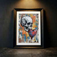 A gritty urban street art print featuring a detailed white skull holding a red and blue heart-shaped balloon in its teeth against a colorful graffiti-covered brick wall, created by Artazyn.