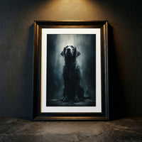 Photorealistic portrait of a soaking wet black dog sitting in the rain looking up, moody animal wall art.