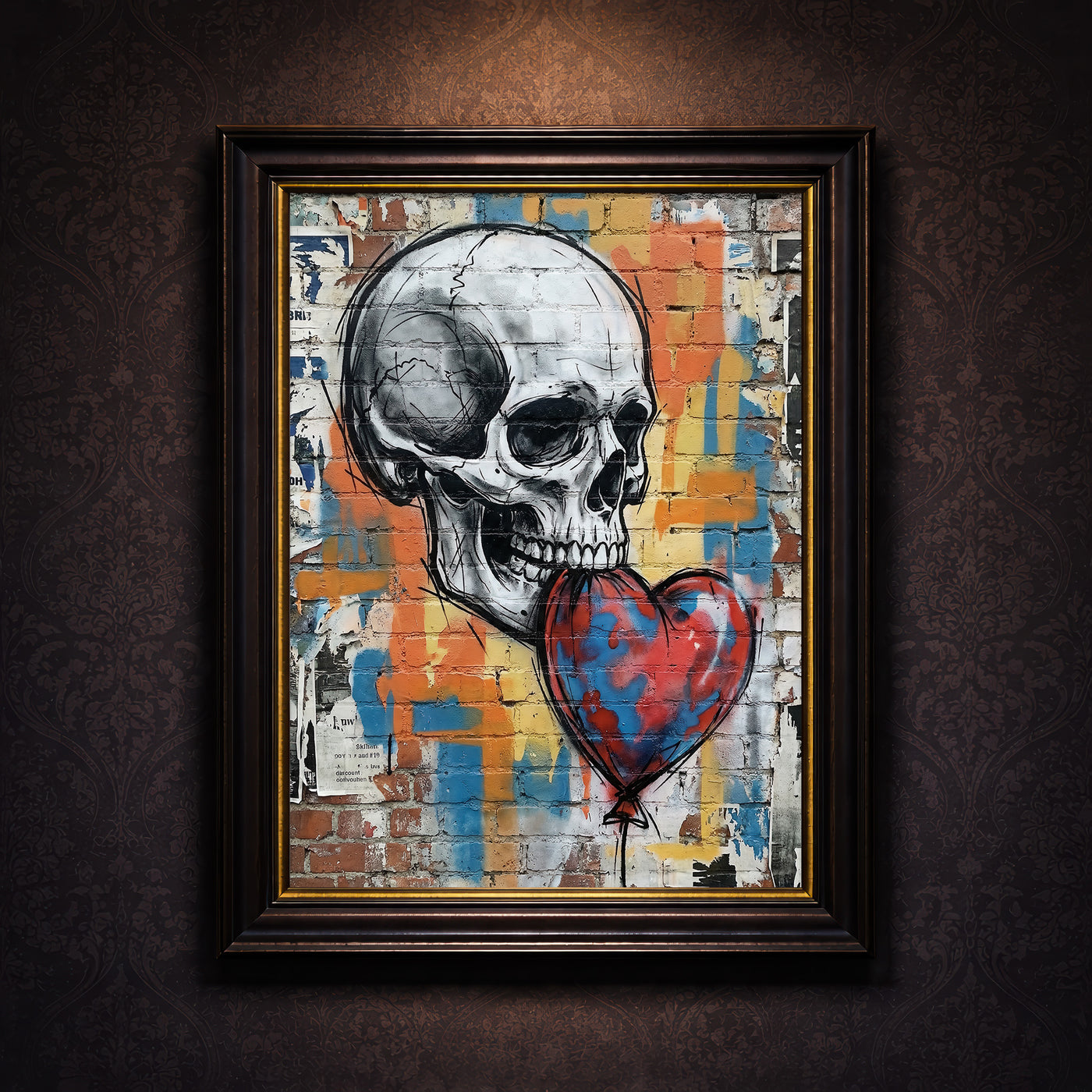 A gritty urban street art print featuring a detailed white skull holding a red and blue heart-shaped balloon in its teeth against a colorful graffiti-covered brick wall, created by Artazyn.