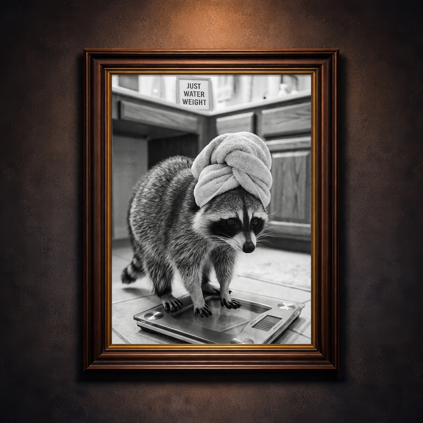 A crisp black and white photograph of a raccoon standing on a glass bathroom scale wearing a towel turban next to a sign that says JUST WATER WEIGHT, created by Artazyn.