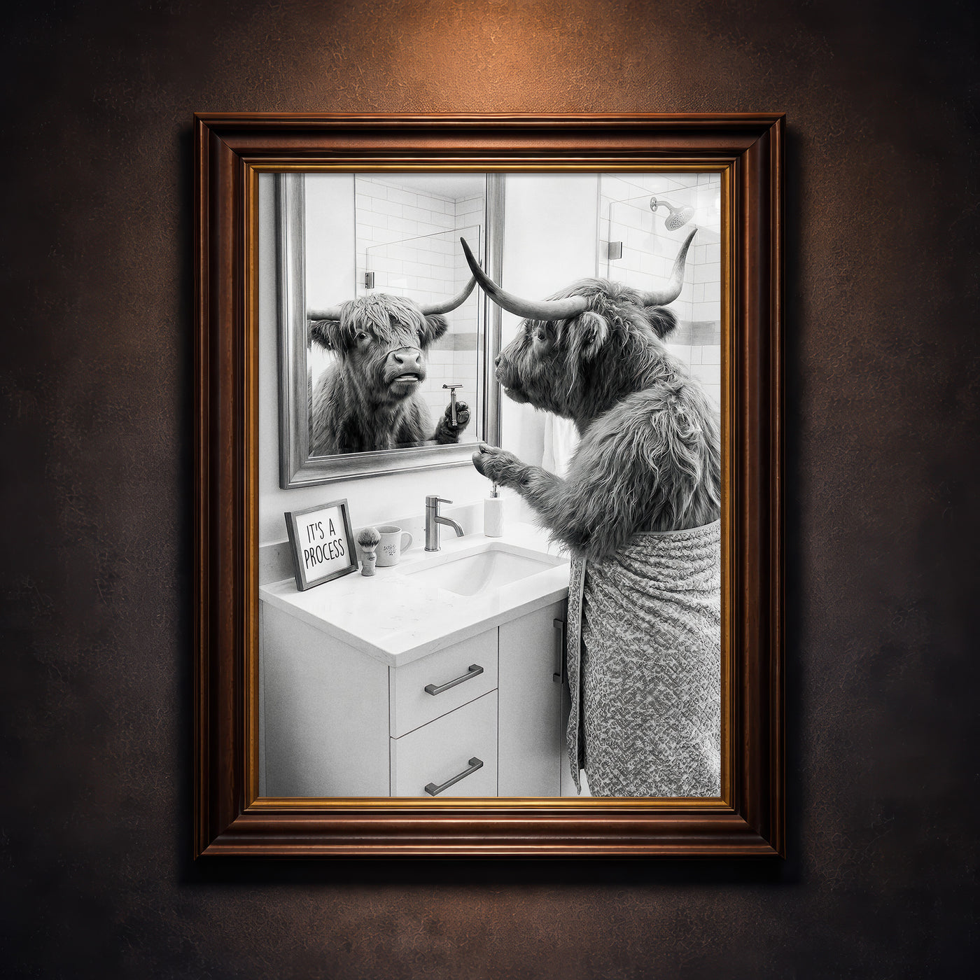 A crisp black and white photograph of a Highland cow looking in a bathroom mirror and holding a razor, with a small sign that says IT'S A PROCESS, created by Artazyn.