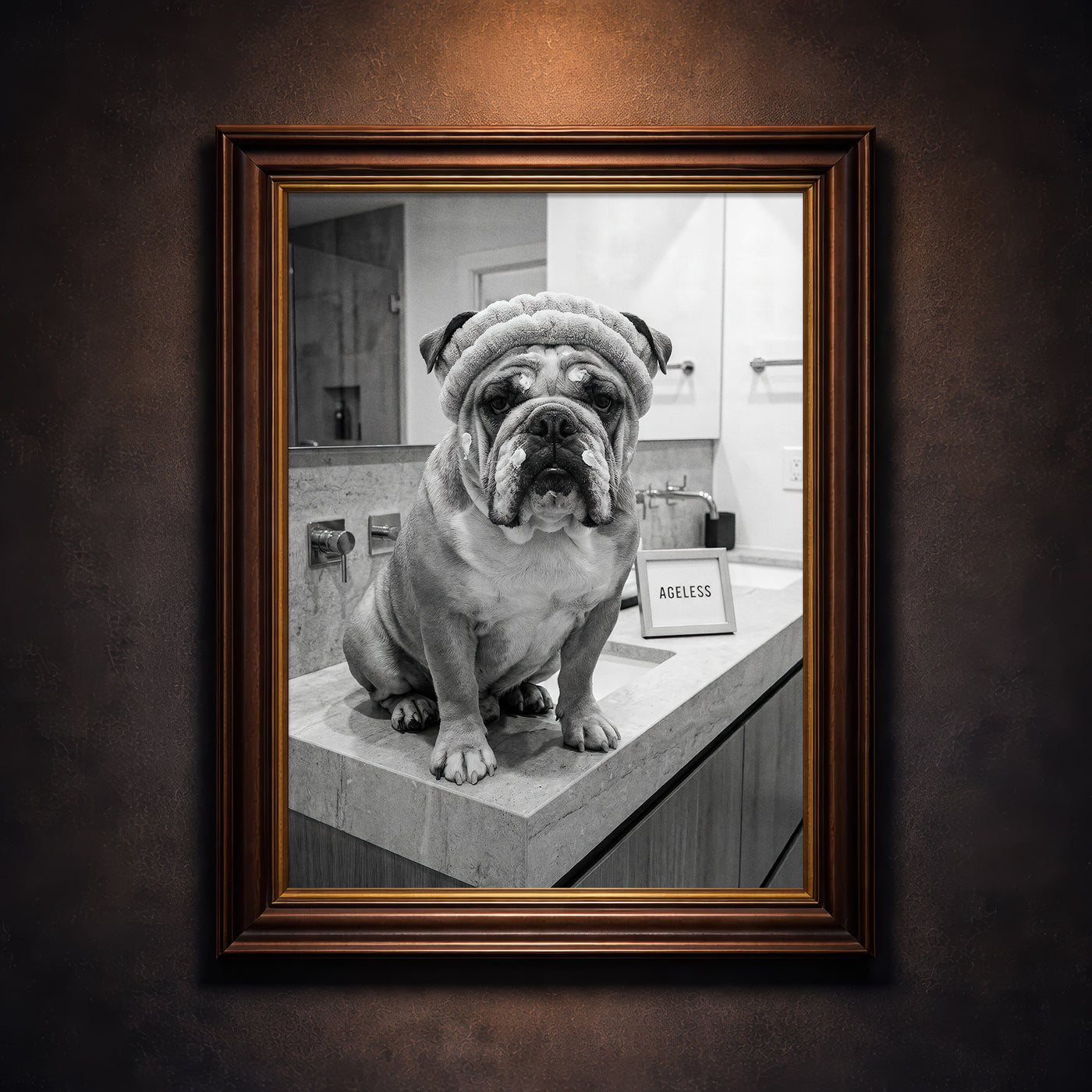 A crisp black and white photograph of a bulldog sitting on a marble bathroom counter wearing a spa headband and face cream next to a sign that says AGELESS, created by Artazyn.
