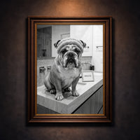 A crisp black and white photograph of a bulldog sitting on a marble bathroom counter wearing a spa headband and face cream next to a sign that says AGELESS, created by Artazyn.