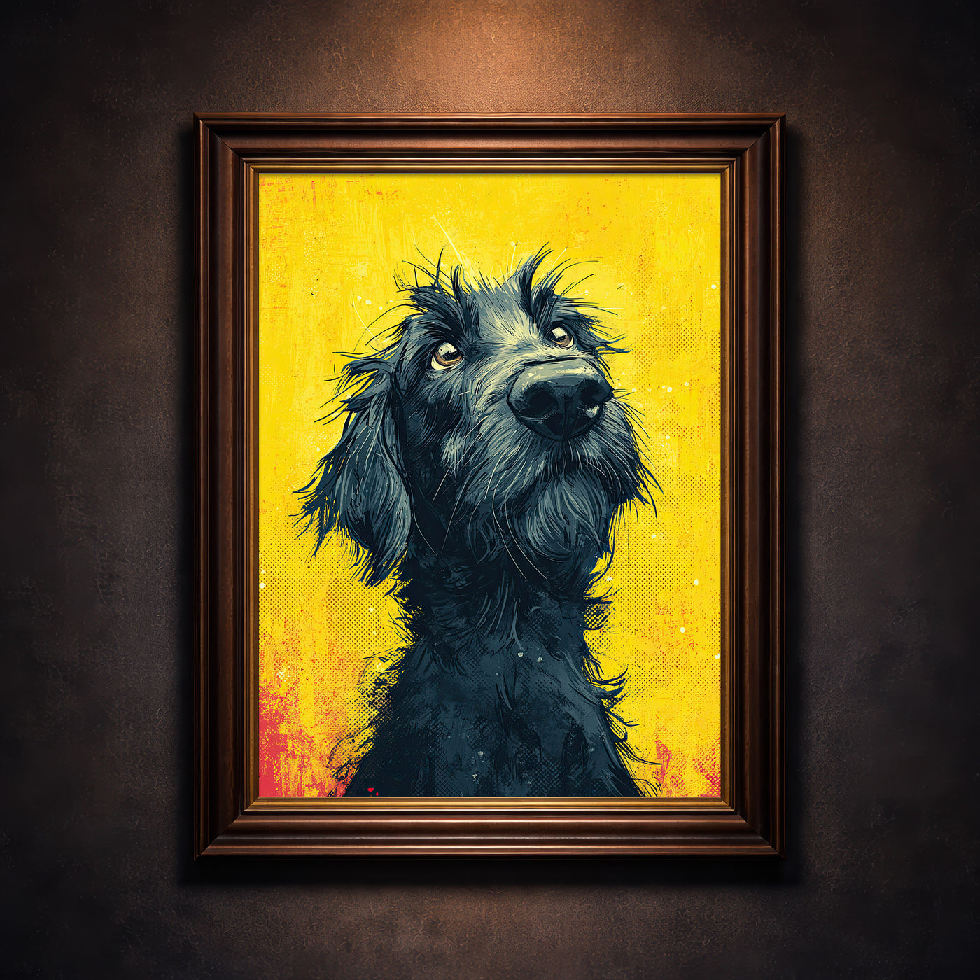 Vibrant pop art style print of a scruffy black dog looking up with soulful eyes against a distressed yellow background with halftone patterns.
