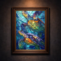 A vibrant stained-glass style art print featuring two sea turtles swimming upwards through mosaic-patterned deep blue water with glowing orange and purple shells, created by Artazyn.