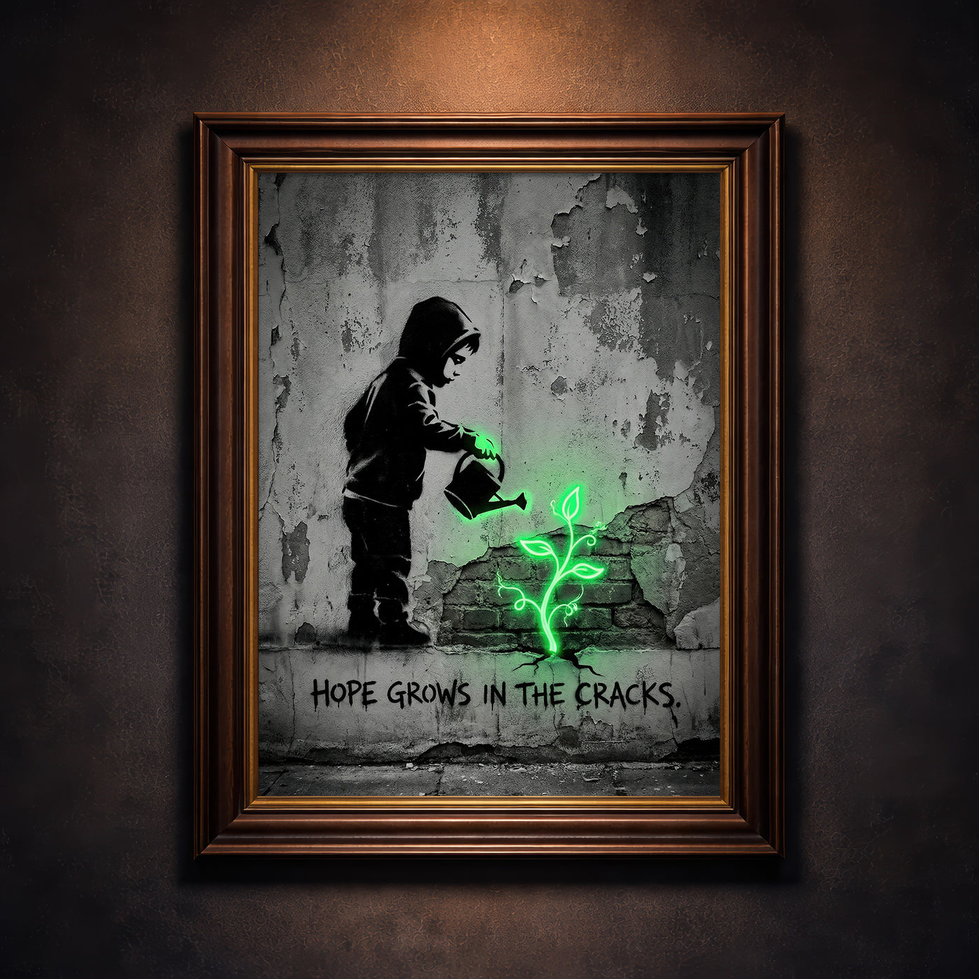 A monochromatic Banksy-style street art print of a hooded child watering a glowing neon green plant growing from a cracked wall with stenciled text reading HOPE GROWS IN THE CRACKS, created by Artazyn.