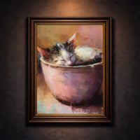 A warm-toned impressionist oil painting of a calico kitten sleeping soundly while curled up inside a pink ceramic bowl, featuring visible painterly brushstrokes and soft lighting, created by Artazyn.