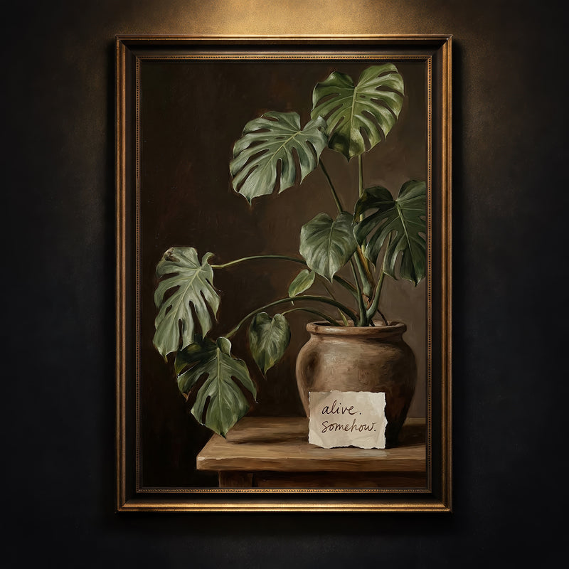 Moody oil painting style illustration of a potted Monstera plant against a dark brown background, with a handwritten note taped to the pot reading "alive. somehow."